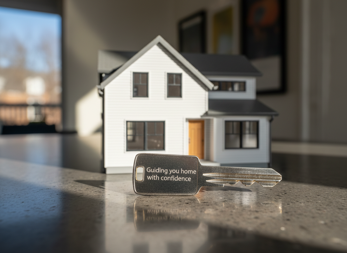 A bold, contemporary real estate key resting on a sleek, charcoal-gray stone countertop, the metal key fob engraved with “Guiding you home with confidence” in crisp, modern typography. Behind it, a sharply detailed miniature architectural model of a stylish suburban home features contrasting white siding, black-framed windows, and a natural wood front door. Late-afternoon natural light pours in from an unseen window to the left, casting long, confident shadows and creating bright, reflective highlights on the key’s polished surface. Shot at eye level with a shallow depth of field, the key is in razor-sharp focus while the model home softens into a subtle bokeh. The photographic realism, clean composition, and strong contrast create a bold, aspirational mood perfect for a high-end realtor brand.