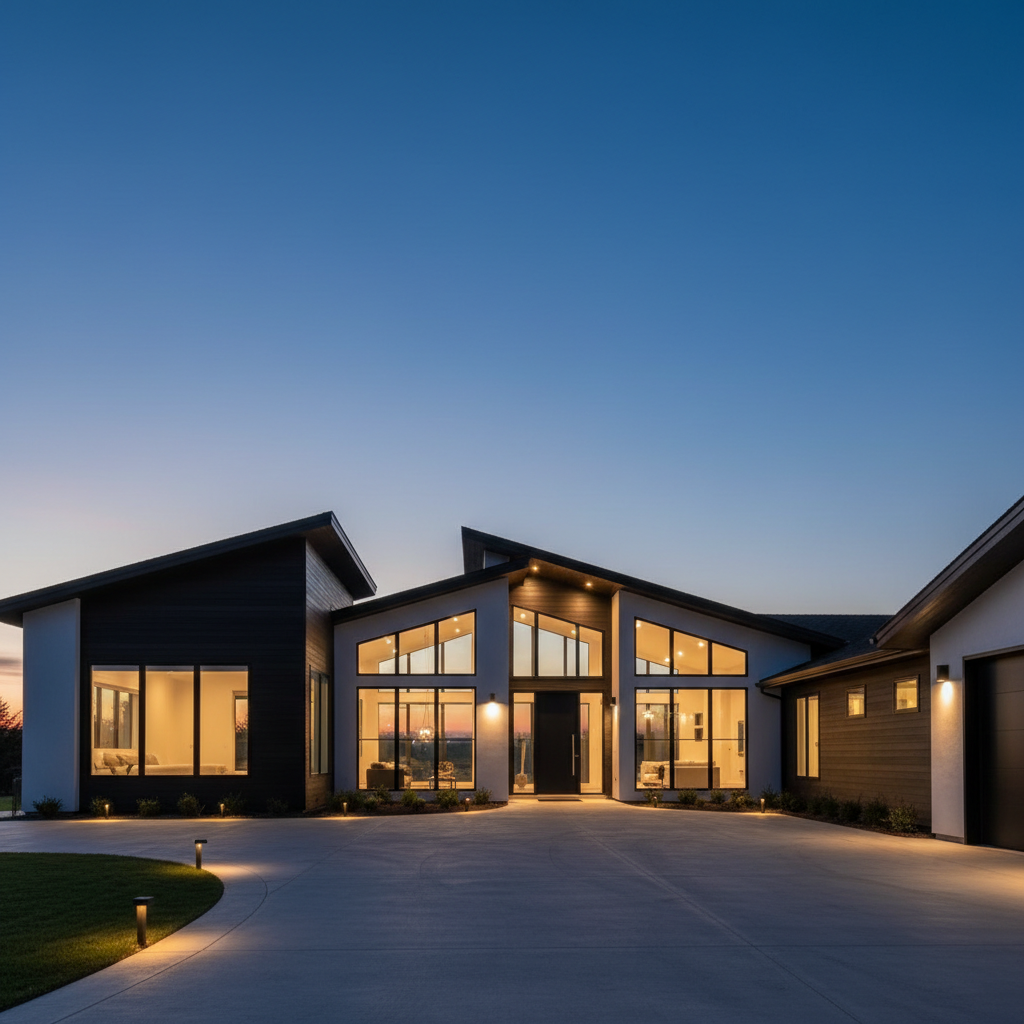 A dramatic twilight exterior of a luxury home, captured in photographic realism. The house features sharp, angular rooflines, a mix of white stucco and dark cedar cladding, and expansive black-framed windows glowing warmly from within. In the foreground, a perfectly edged concrete driveway leads to the entrance, flanked by low, linear LED pathway lights that cast precise pools of light on the ground. The sky transitions from deep indigo to a faint orange near the horizon, creating a rich backdrop that makes the home stand out. Shot from a low, slightly wide-angle perspective, the composition emphasizes scale and presence, with crisp reflections on glass surfaces and subtle glints on metal details. The mood is bold, aspirational, and confident, evoking the pinnacle of real estate success and the promise of premium representation.