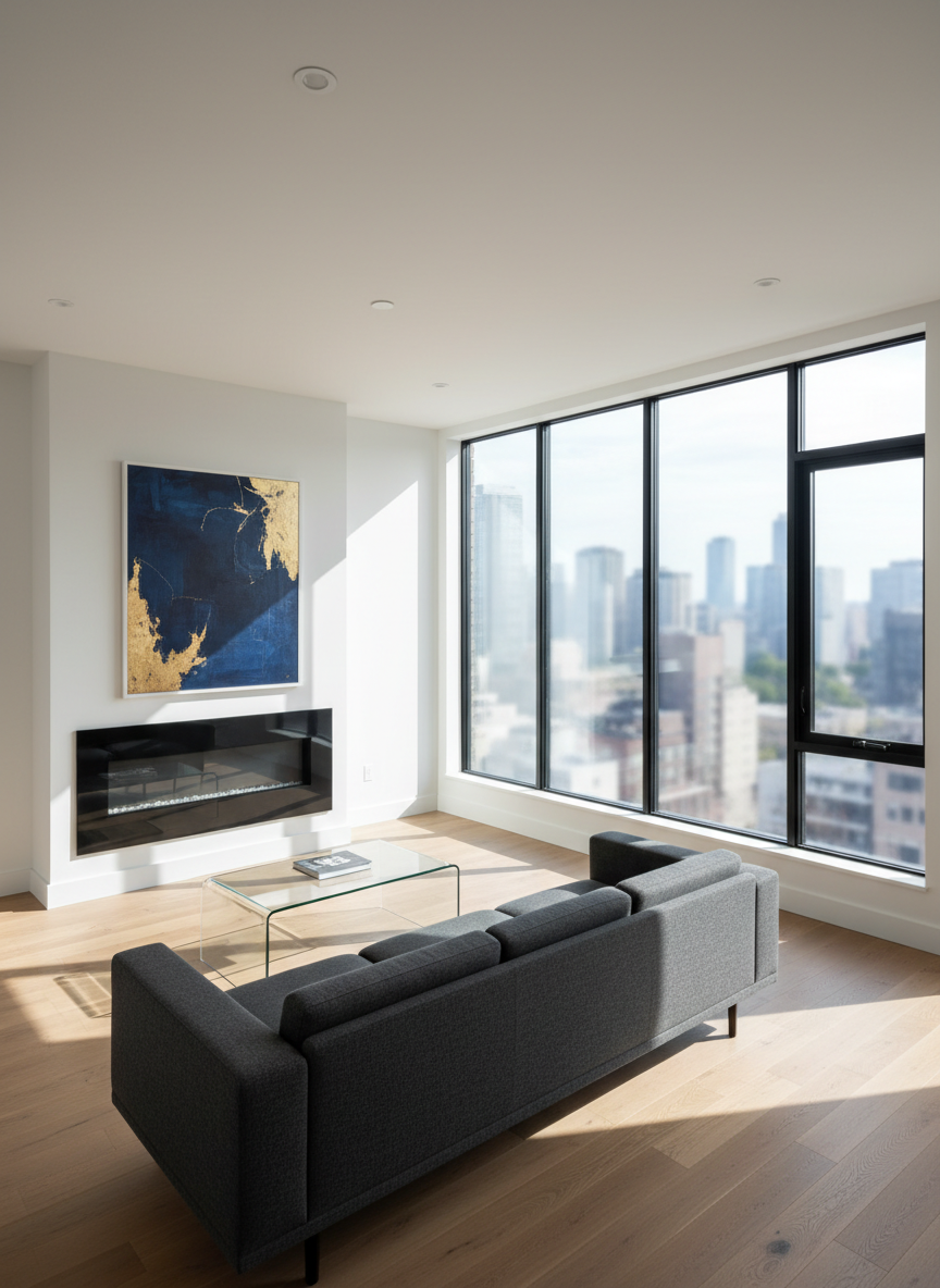 An expansive open-concept living room in a modern home, showcasing a striking combination of white walls, matte black window frames, and warm oak flooring. A large floor-to-ceiling window reveals a softly blurred city skyline, suggesting opportunity beyond the glass. Sunlight floods the space, creating dramatic diagonal beams across the floor and emphasizing crisp lines of minimal furniture: a low-profile charcoal sofa, a glass coffee table, and a bold abstract artwork in deep navy and gold above a sleek fireplace. Captured in photographic realism from a slightly elevated corner angle, the composition leads the eye toward the window, symbolizing new beginnings. Strong contrast, sharp detail, and a clean, uncluttered aesthetic convey confidence, sophistication, and the promise of premium real estate.