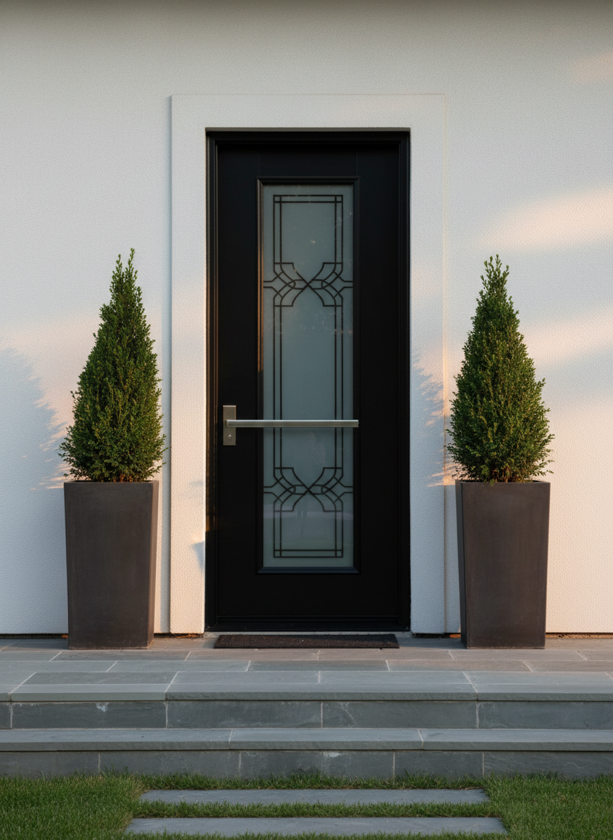 A polished black front door with a bold, modern design, set into a pristine white facade with smooth stucco texture. The door features a long vertical glass panel with frosted geometric patterns and a brushed stainless-steel handle that catches the light. Flanking the entry are two symmetrical, tall planters with sculpted evergreen shrubs, standing on a slate-gray stone porch. Early evening golden-hour light washes across the scene from the right, creating warm highlights on the door’s edges and subtle shadows along the steps. Shot straight-on at eye level in sharp photographic realism, the composition is centered and powerful, filling the frame with the entryway. The mood is welcoming yet assertive, evoking the feeling of arriving at a carefully curated dream home represented by a confident realtor.