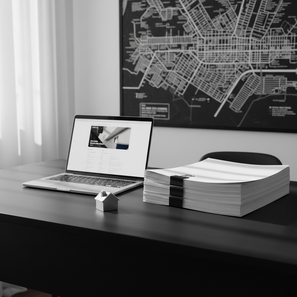 A minimalist, high-end realtor workspace with a bold aesthetic: a matte black desk surface supporting a silver laptop displaying a blurred real estate listing page, a thick stack of crisp white property documents neatly clipped, and a sleek chrome house-shaped paperweight. Behind, a large wall-mounted map of a city neighborhood printed in monochrome lines adds a sense of territory and expertise. Natural daylight floods in from the left, filtered through sheer curtains, creating soft highlights on metallic objects and gentle shadows across the desk. Captured from a slightly elevated three-quarter angle in photographic realism, the scene is sharply focused from front to back. The overall mood is professional and decisive, with clean lines, strong contrasts, and a modern, confident atmosphere that reflects a bold real estate brand.