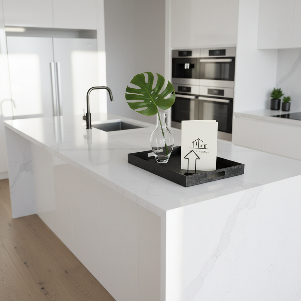 A bright, meticulously staged kitchen island in a high-end listing, showcasing a waterfall-edge white quartz countertop with subtle gray veining. At the center, a bold black metal tray holds a sculptural glass vase with a single large green monstera leaf, a folded property brochure featuring a modern home silhouette, and a minimalist key holder shaped like a house outline. The background reveals a blurred view of glossy white cabinetry, stainless steel appliances, and a matte black faucet. Morning sunlight streams through an unseen window, creating crisp reflections on the quartz and gentle shadows under the tray. Photographic realism captures every surface texture in a slightly elevated, three-quarter composition. The mood is fresh, confident, and move-in ready, highlighting the attention to detail and premium presentation a strong realtor brings to each property.